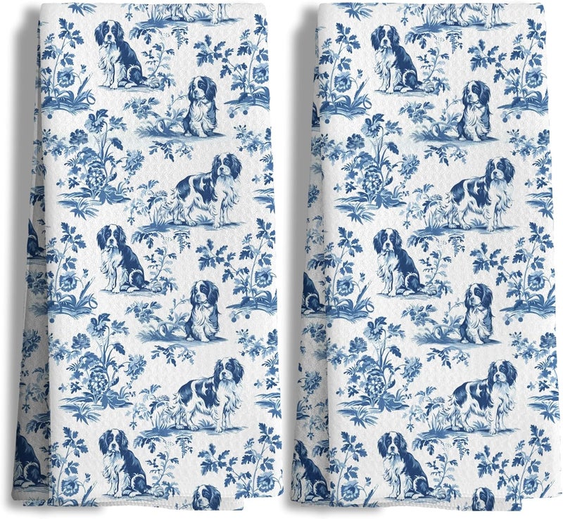 Nipil Chinoiserie Cavalier King Charles Spaniel Kitchen Towels Set of 2, Blue and White Floral Cavalier Spaniel Decor, Grandmillennial Dog Hand Towels for Kitchen Bathroom, 16x24 Inch - Image 1